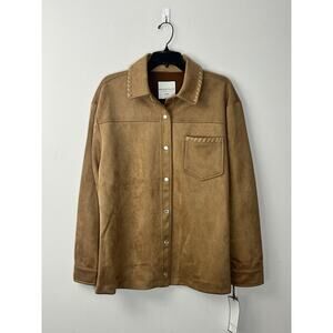 Bagatelle Collection Pearl Snap Western Shirt Womens Large Beige Tan Faux Suede